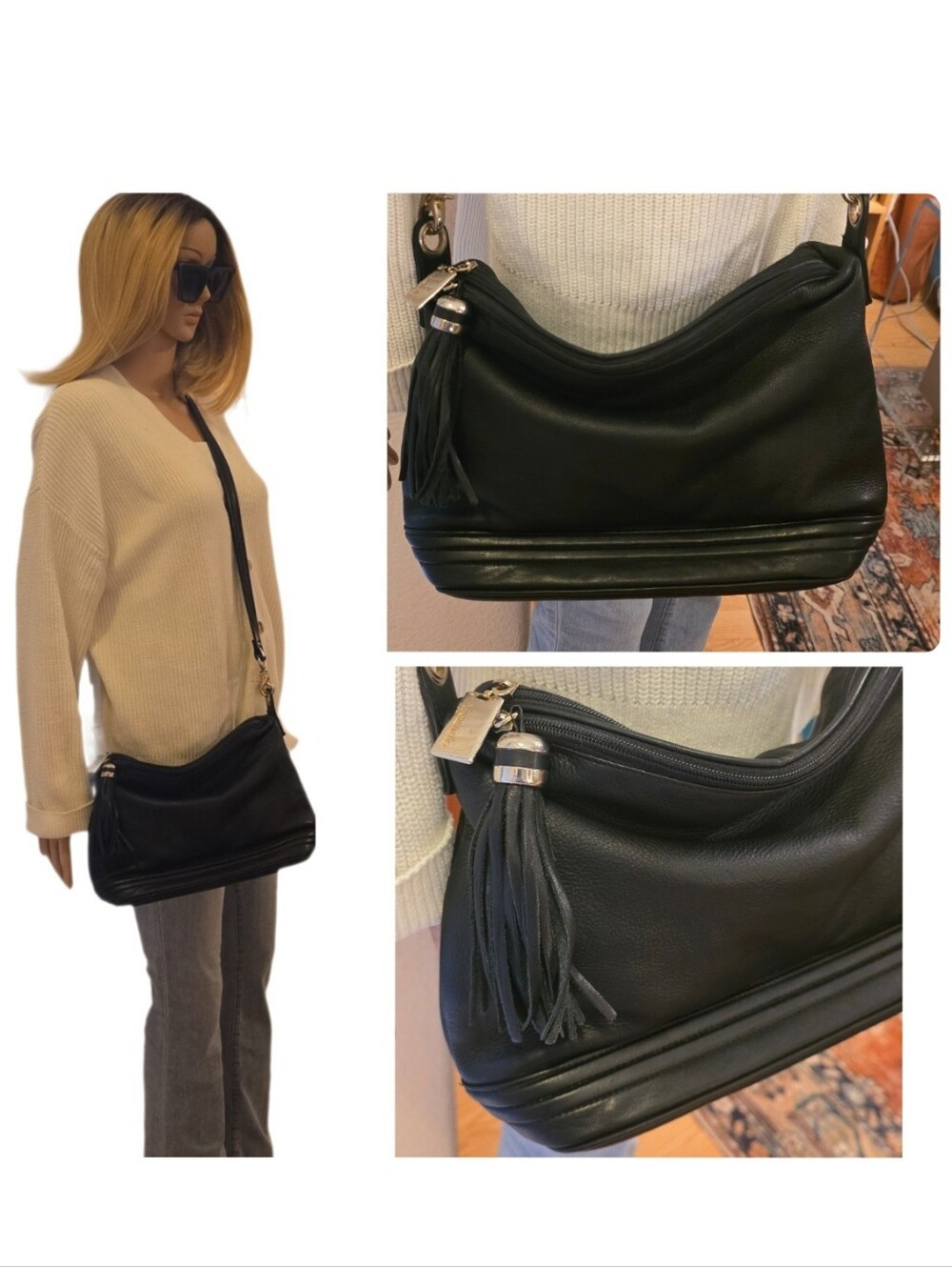 Vintage Tignanello Black Genuine Leather Slouchy Y2K Hobo Shoulder Bag EUC